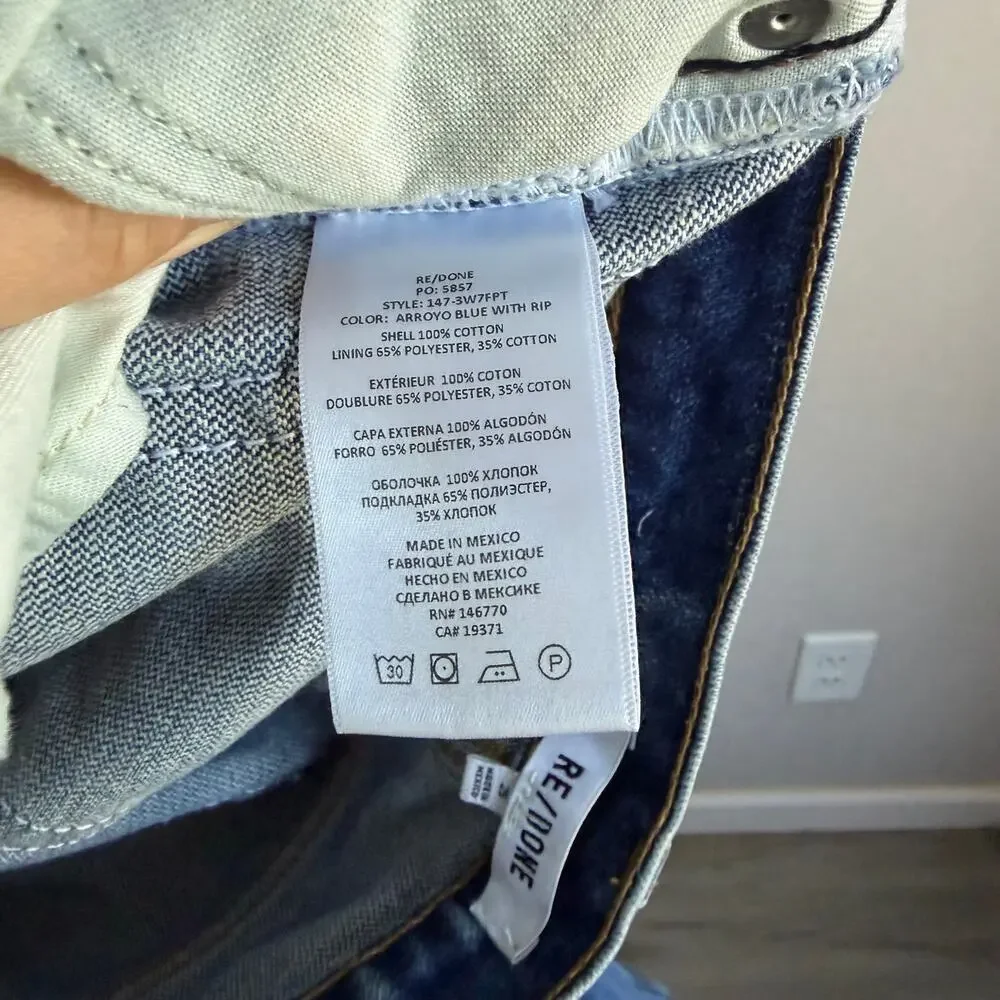 Re/Done High Rise Straight Leg Jeans Womens 25 Mid Wash Blue Denim Distress Knee